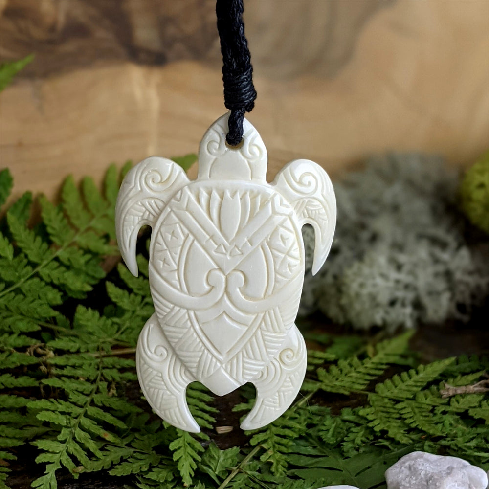 
                  
                    Bone Engraved Sea Turtle Maori Style Pendant Surfer Cord Necklace
                  
                
