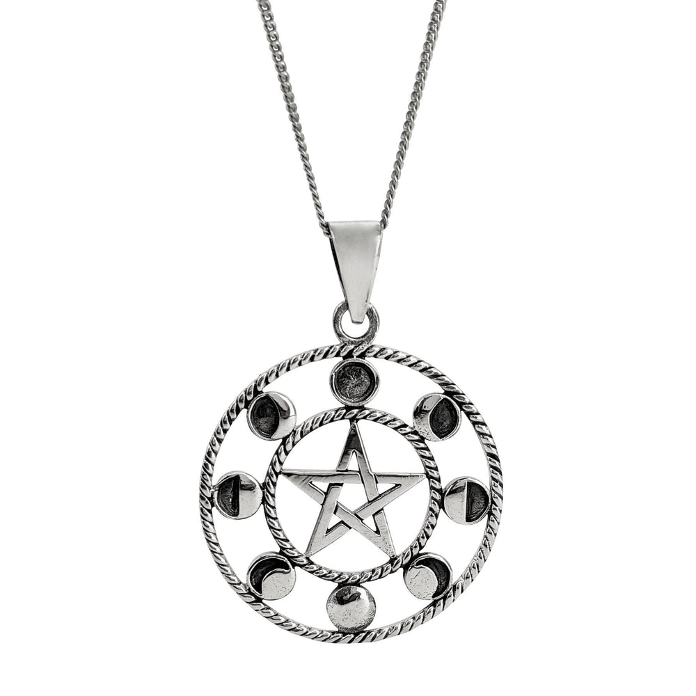 Sterling Silver Large Round Coin Moon Phase Pentagram Pendant Necklace