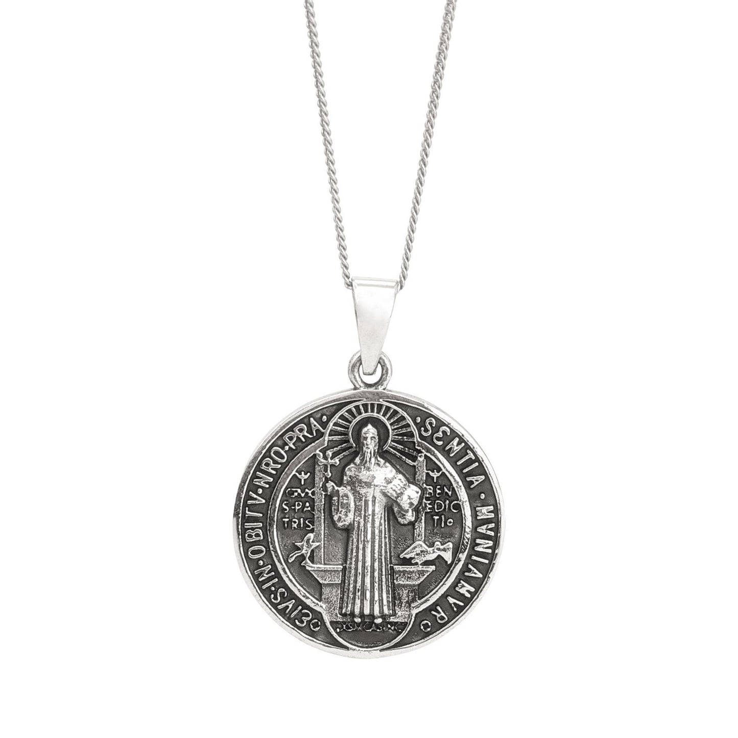 
                  
                    Sterling Silver Large Round Coin St Benedict Pendant Necklace
                  
                
