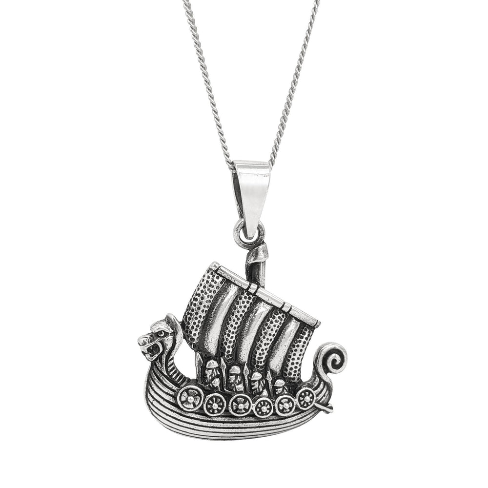 Sterling Silver Large Dragon Viking Boat Pendant Norse Necklace