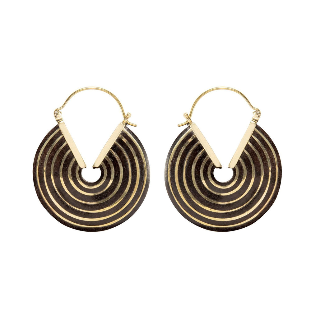 Wood Gold Brass C-Shape Multi Circle Disc Earrings Boho Jewellery