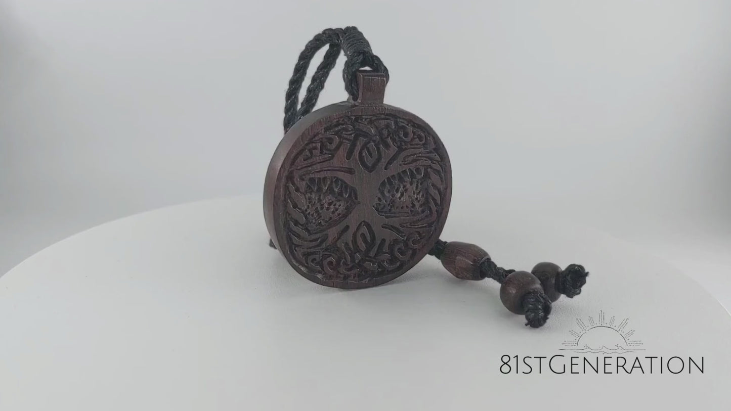
                  
                    Load and play video in Gallery viewer, Wood Round Tree of Life Necklace Hand Carved Wooden Pendant With Cord
                  
                