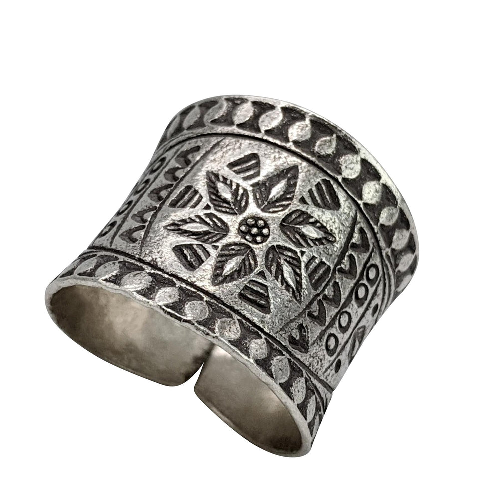 
                  
                    Pure Silver Hill Tribe Wide Band Flower Motif Tribal Adjustable Ring
                  
                