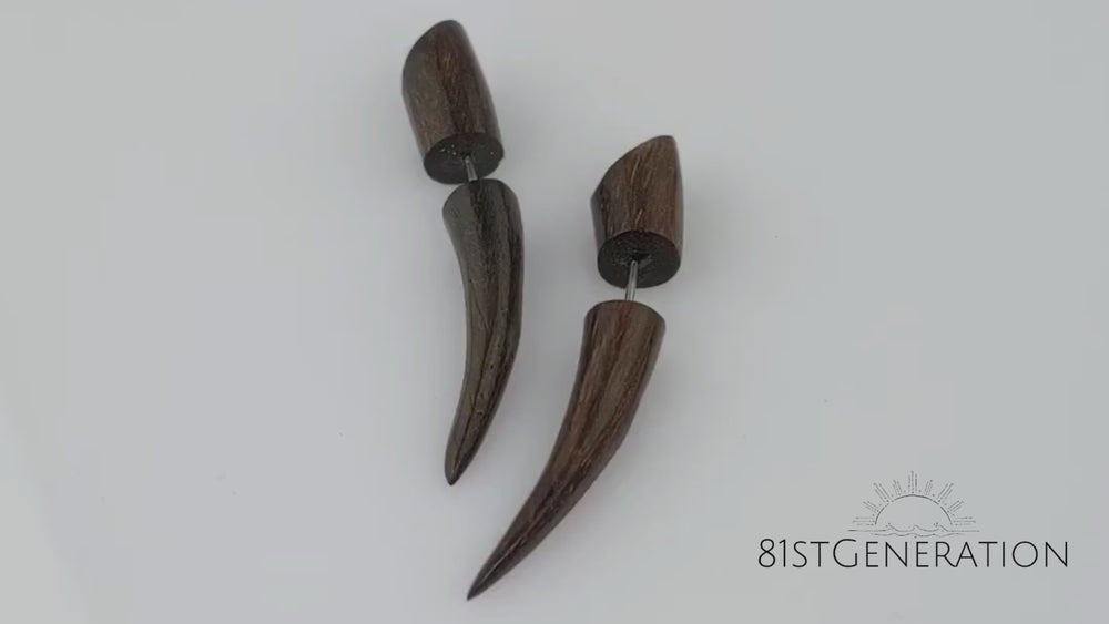 
                  
                    Load and play video in Gallery viewer, Wood Curved Spike Fake Stretcher Earrings 45 mm Tribal Style
                  
                