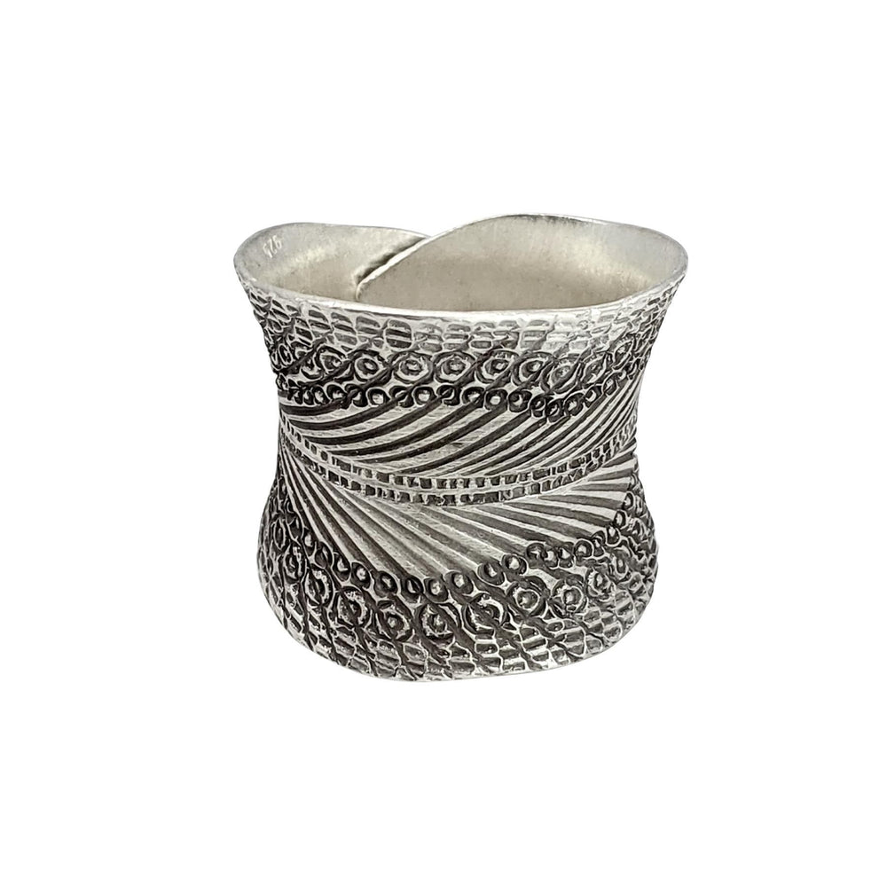 
                  
                    Pure Silver Karen Hill Tribe Wide Boho Concave Band Leaf Motif Ring
                  
                