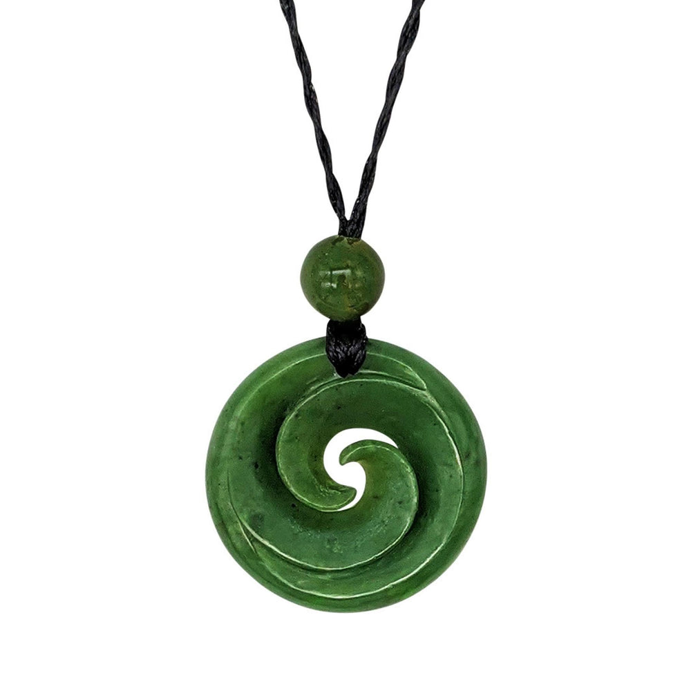 Nephrite Jade Maori Style Round Double Koru Pendant Cord Necklace