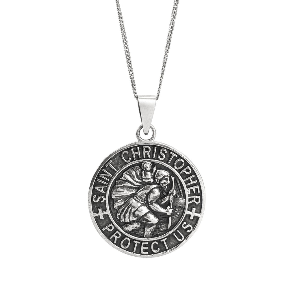 Sterling Silver Large Medallion Coin St Christopher Pendant Necklace