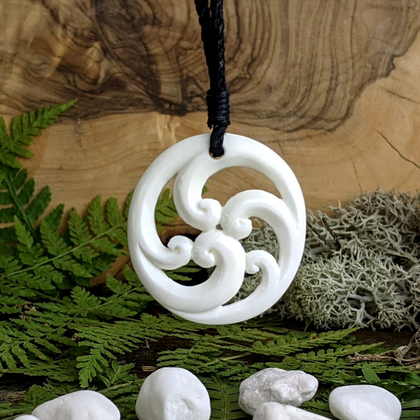 
                  
                    Bone Round Five Koru Fern Frond Pendant Maori Style Cord Necklace
                  
                