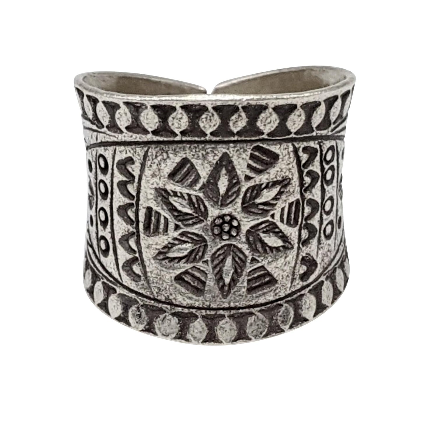 
                  
                    Pure Silver Hill Tribe Wide Band Flower Motif Tribal Adjustable Ring
                  
                