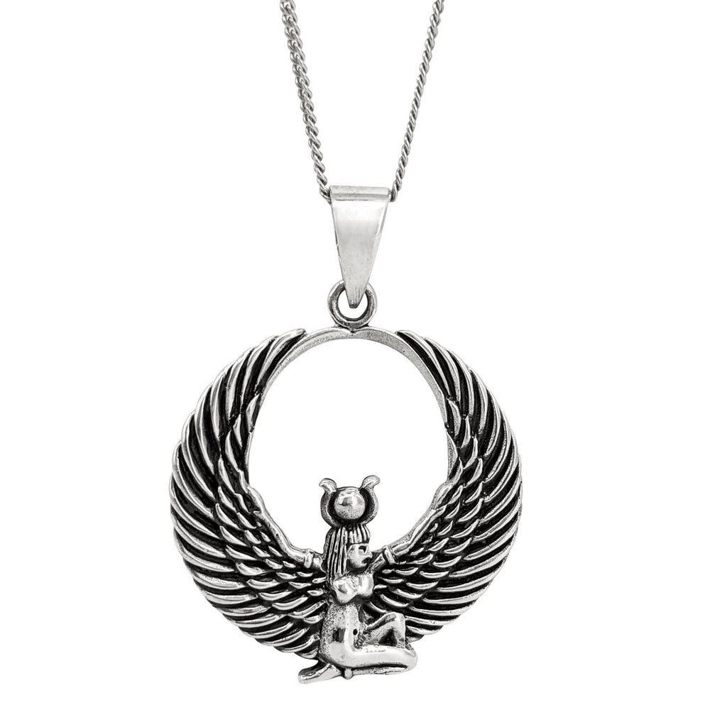 Sterling Silver Round Detailed Egyptian Winged Isis Pendant Necklace