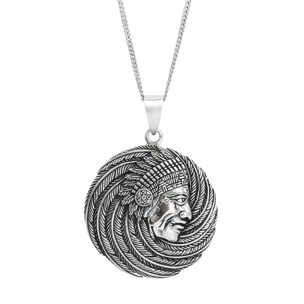 Sterling Silver Round Detailed Native American Chief Pendant Necklace