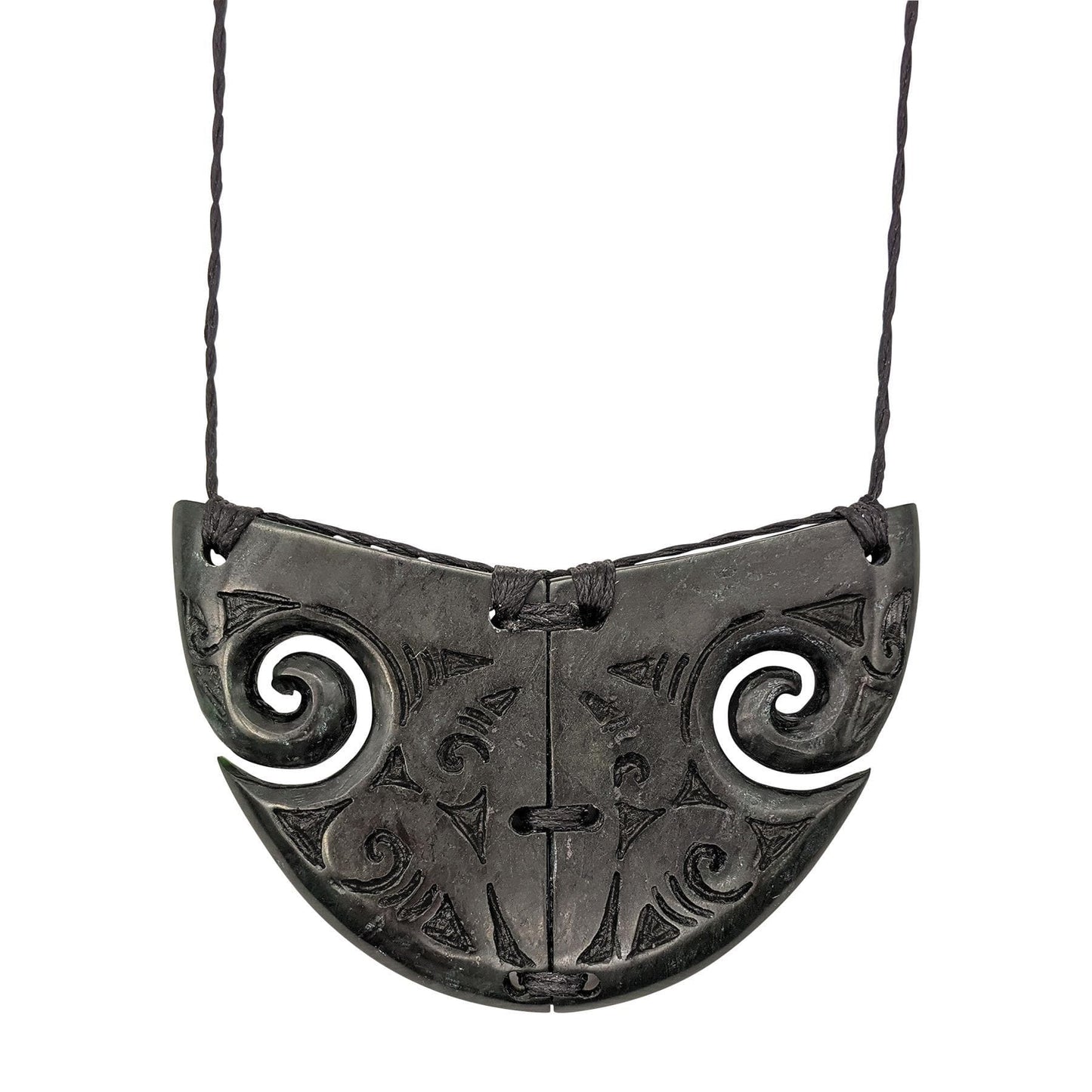 
                  
                    Black Nephrite Jade Engraved Double Koru Breastplate Cord Necklace
                  
                