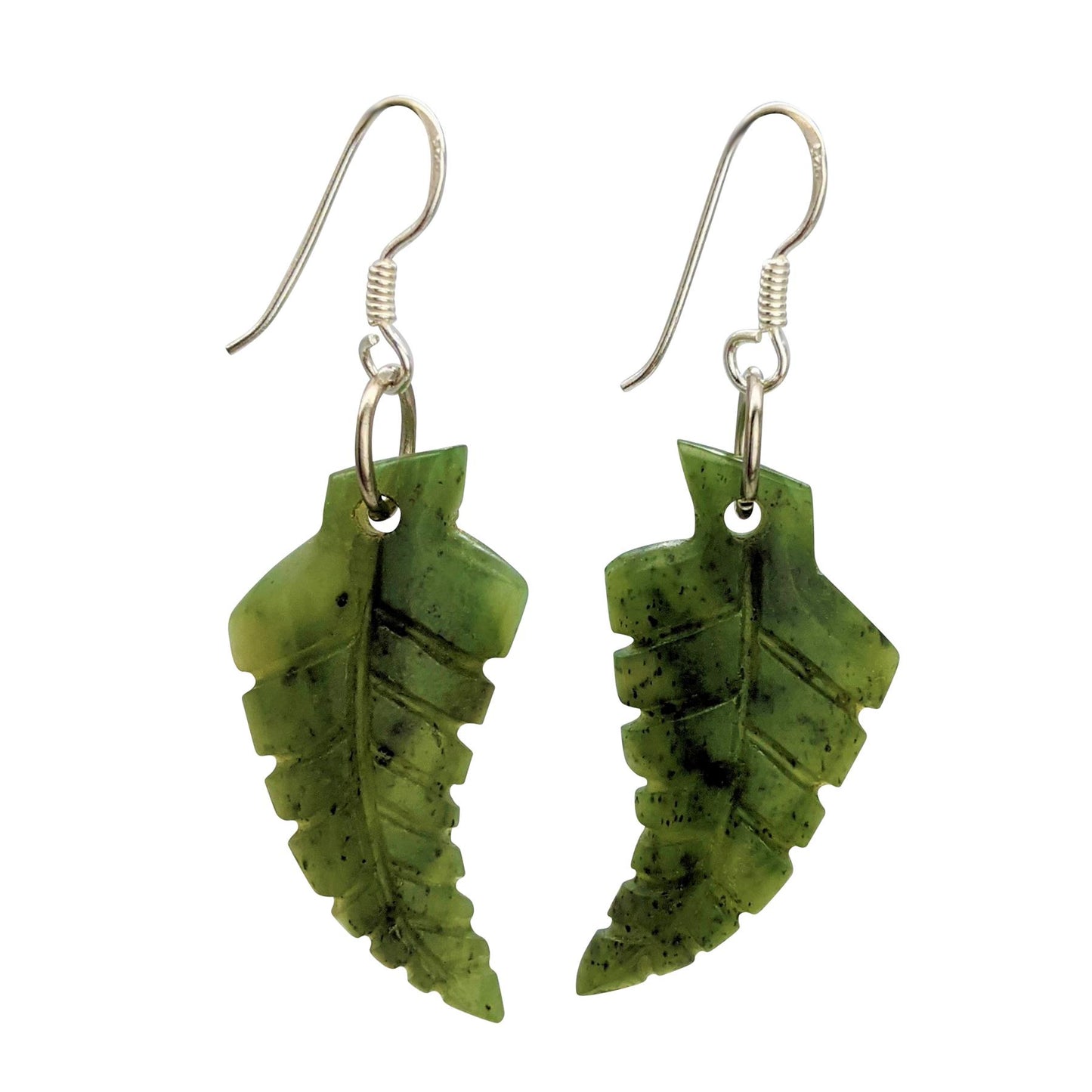 
                  
                    Nephrite Jade Sterling Silver Boho Carved Fern Leaf Dangle Earrings
                  
                
