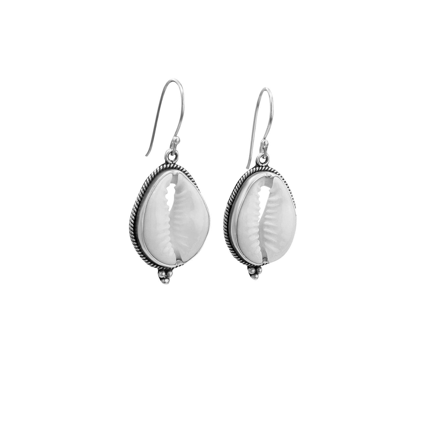 
                  
                    Sterling Silver Rope Framed Cowrie Shell Bali Dangle Earrings
                  
                