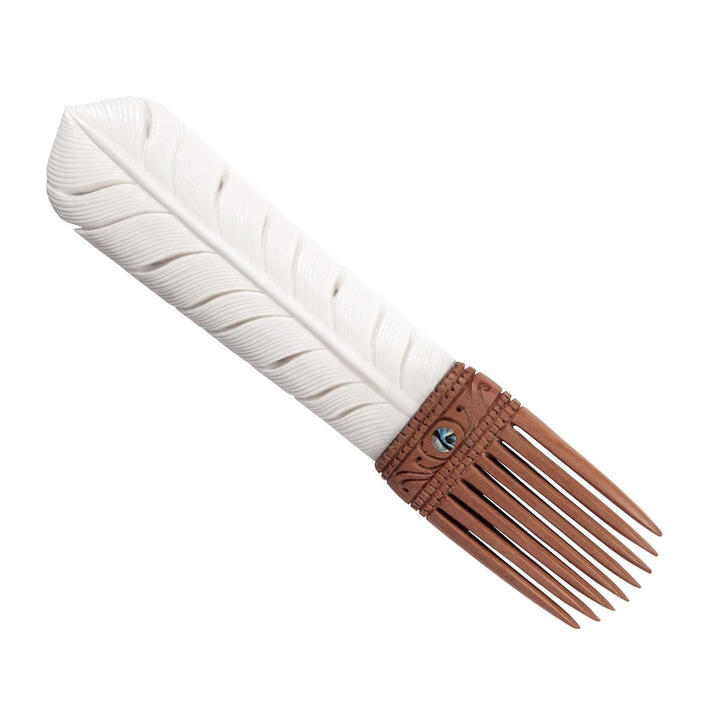 Bone Wood Abalone Shell Maori Style Tribal Huia Feather Hair Comb