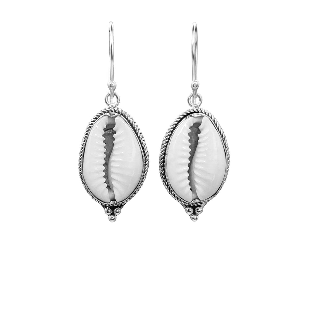 
                  
                    Sterling Silver Balinese Rope Framed Cowrie Shell Boho Drop Earrings
                  
                