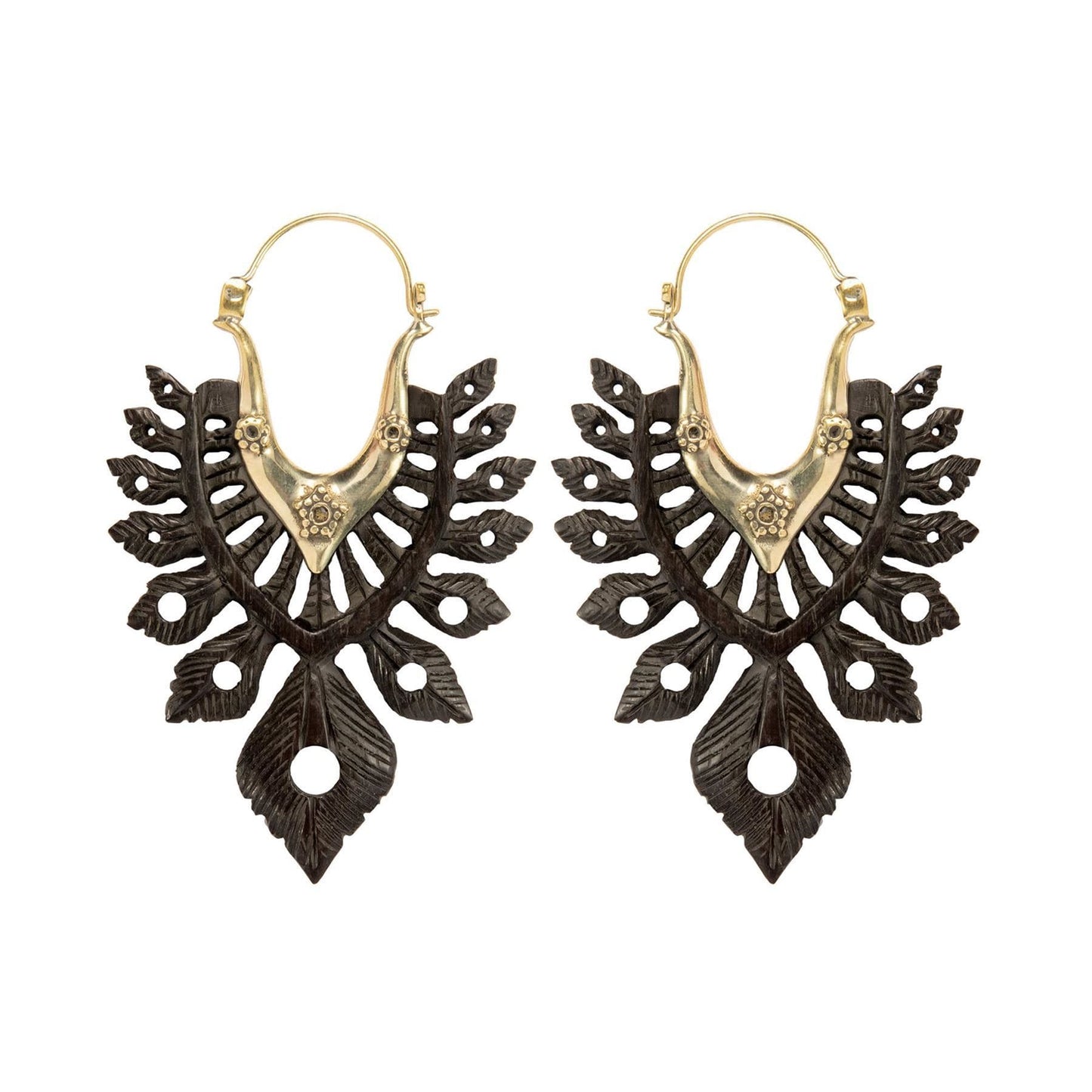 
                  
                    Wood Gold Brass Large Carved Feather Earrings Tribal Jewellery
                  
                