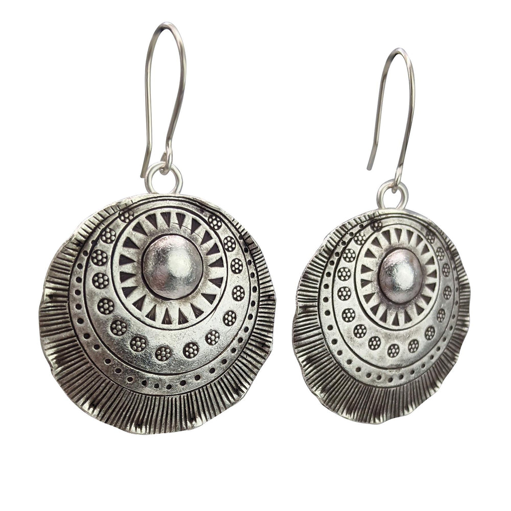 
                  
                    Pure Silver Hill Tribe Statement Round Disc Tribal Motif Earrings
                  
                
