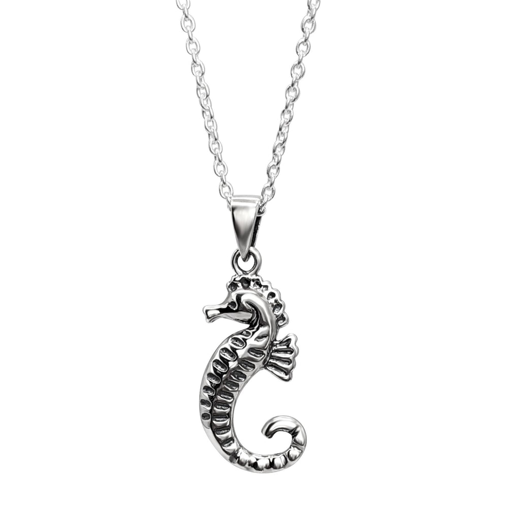 Sterling Silver Detailed Sea Horse Pendant Cable Chain Necklace