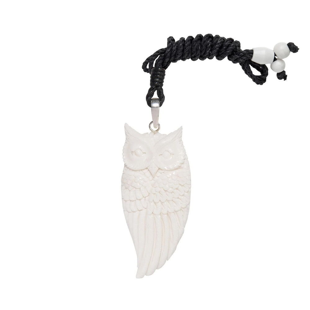
                  
                    Bone Sterling Silver Carved Owl Pendant Spirit Totem Cord Necklace
                  
                