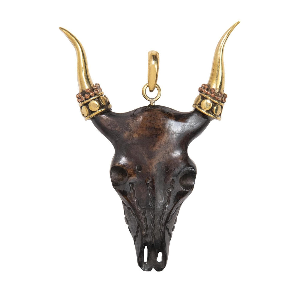 Gold Brass & Dyed Bone Horned Buffalo Cow Bull Skull Tribal Pendant