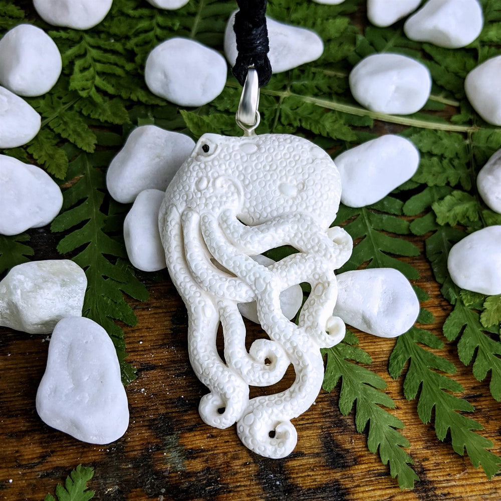 
                  
                    Bone Sterling Silver Large Ocean Octopus Pendant Surfer Cord Necklace
                  
                