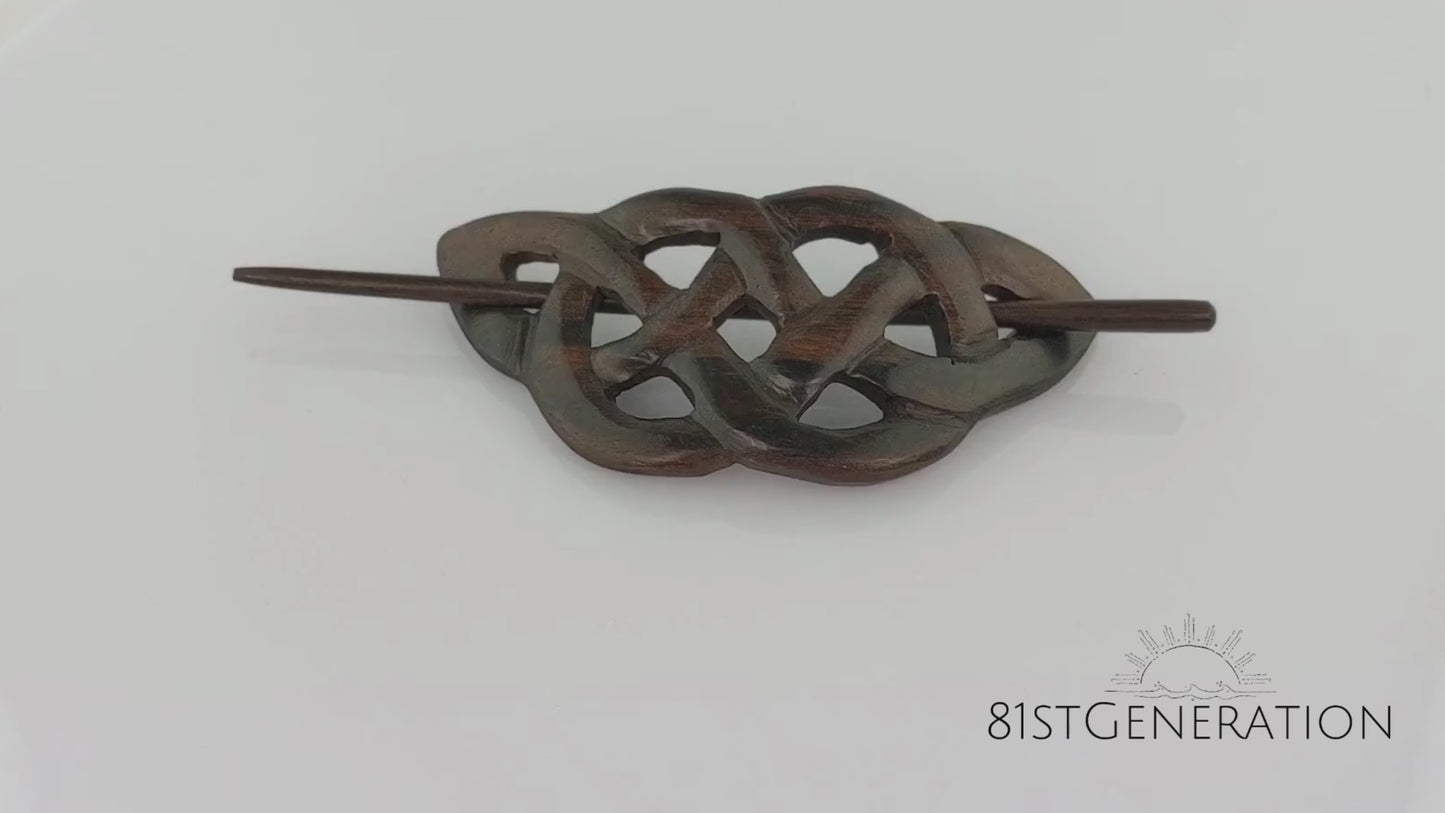 
                  
                    Load and play video in Gallery viewer, Wood Celtic Knot Hair Barette Hand Carved Boho Wooden Hairpin
                  
                