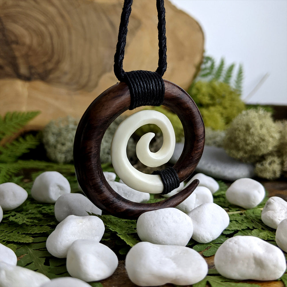 
                  
                    Bone Wood Wooden Round Spiral Pendant Tribal Boho Cord Necklace
                  
                