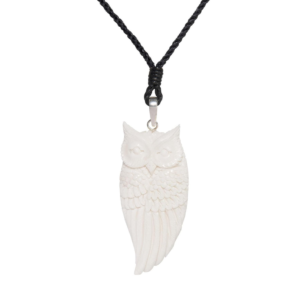 Bone Sterling Silver Carved Owl Pendant Spirit Totem Cord Necklace