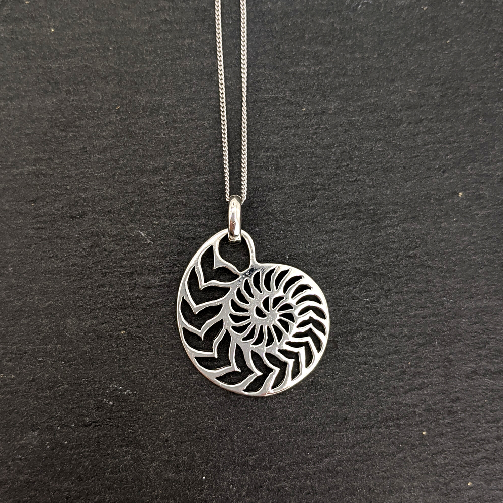 Sterling Silver Large Nautilus Ammonite Seashell Pendant Necklace