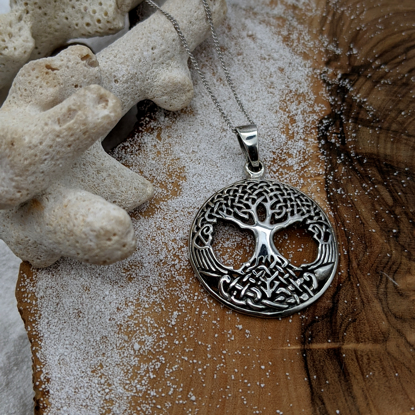 
                  
                    Sterling Silver Round Celtic Pendant Detailed Tree of Life Necklace
                  
                