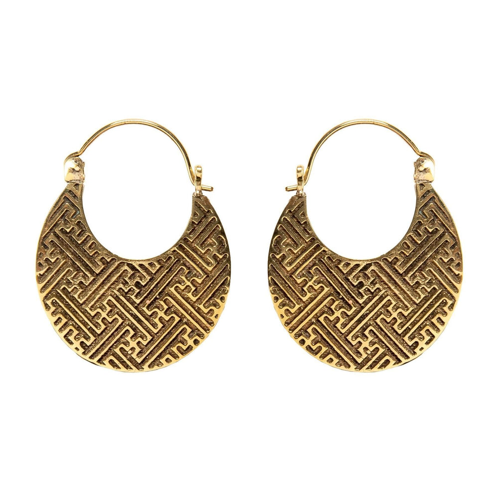 Gold Brass Egyptian Style Patterned Geometric Crescent Hoop Earrings