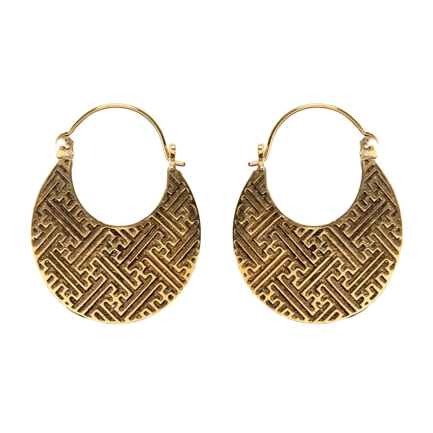 
                  
                    Gold Brass Egyptian Style Patterned Geometric Crescent Hoop Earrings
                  
                