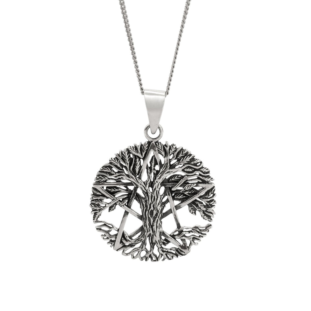 Sterling Silver Round Wicca Tree of Life Pentacle Pendant Necklace