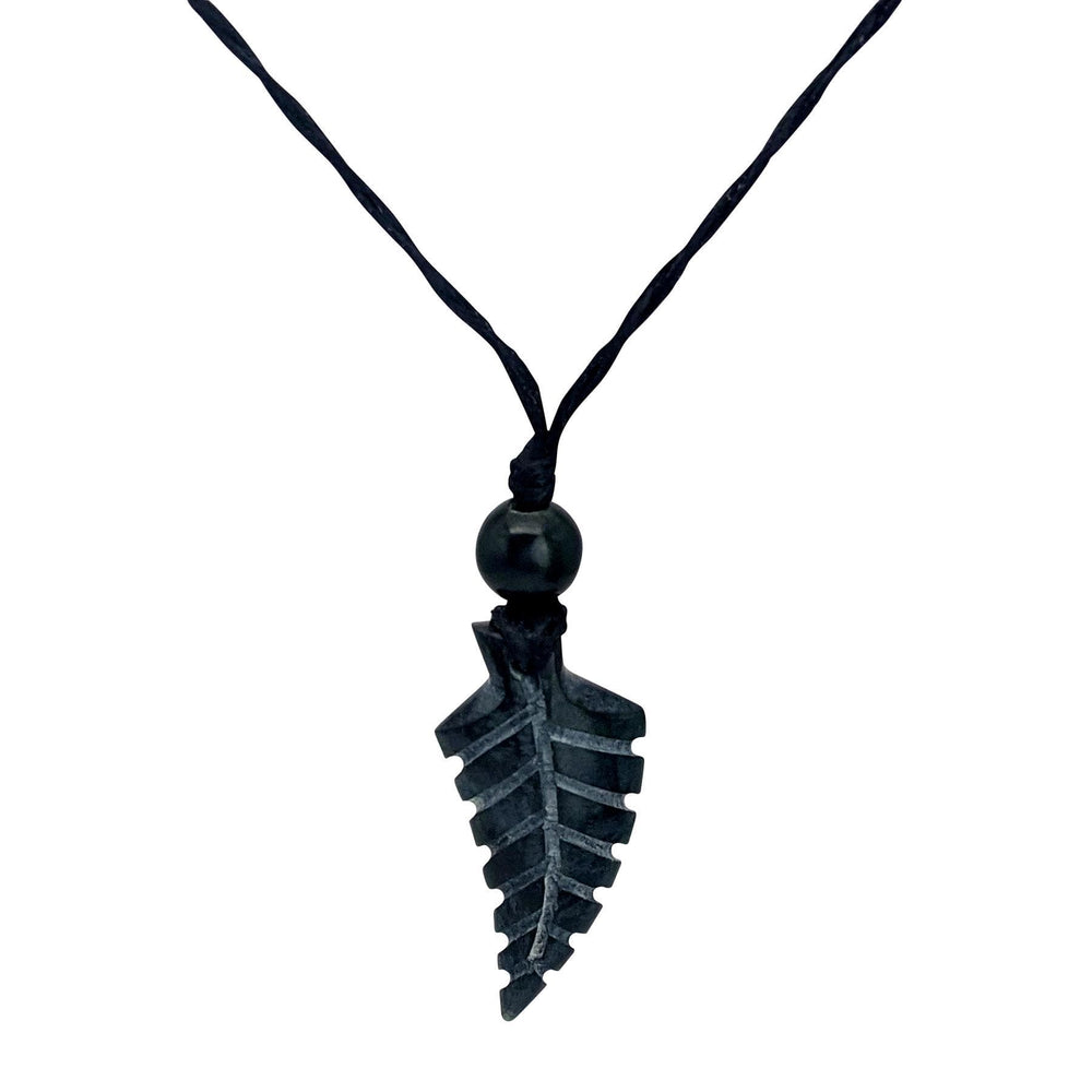 Black Nephite Jade Gemstone Small Fern Leaf Pendant Cord Necklace