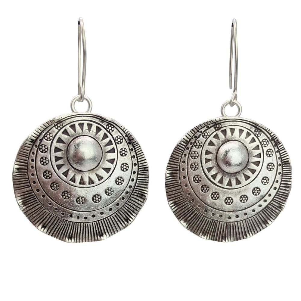Pure Silver Hill Tribe Statement Round Disc Tribal Motif Earrings