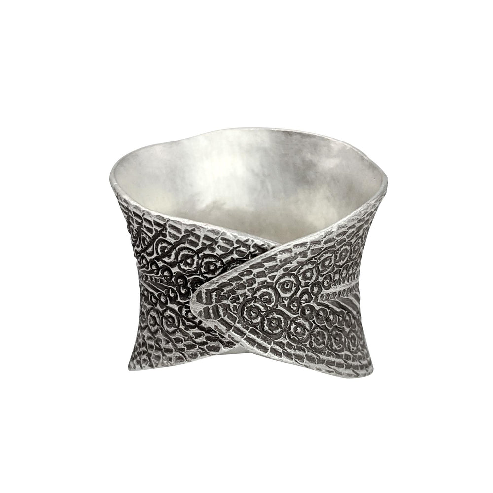 
                  
                    Pure Silver Karen Hill Tribe Wide Boho Concave Band Leaf Motif Ring
                  
                