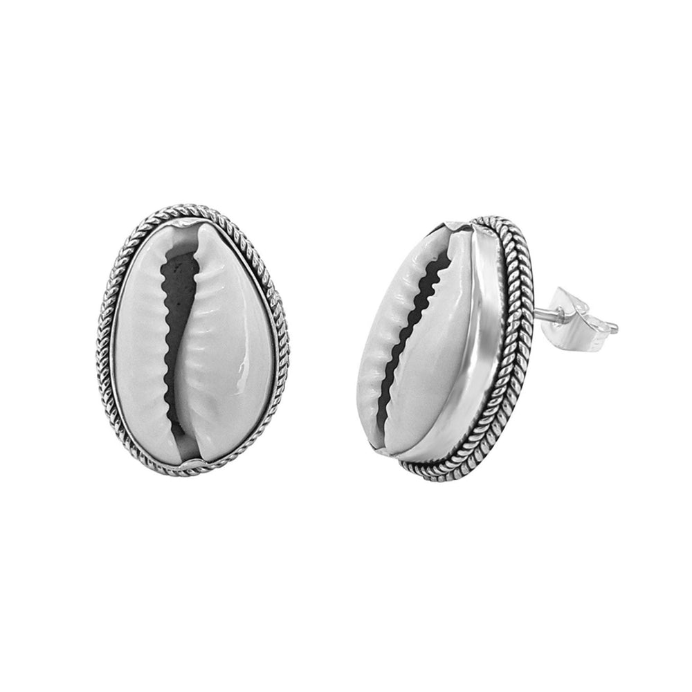 Sterling Silver Cowrie Natural Shell Bali Stud Earrings Rope Studs