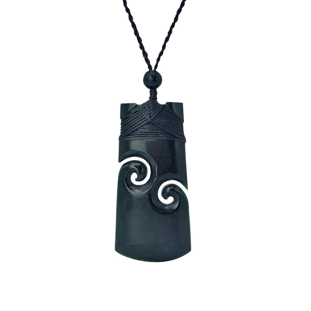 
                  
                    Dark Nephrite Jade Maori Style Toki Double Koru Pendant Cord Necklace
                  
                