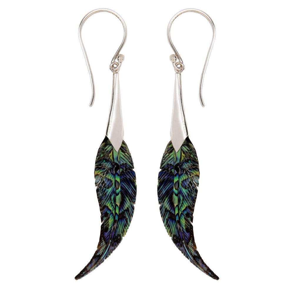 Abalone Shell Sterling Silver Detailed Leaf Feather Wing Drop Earrings