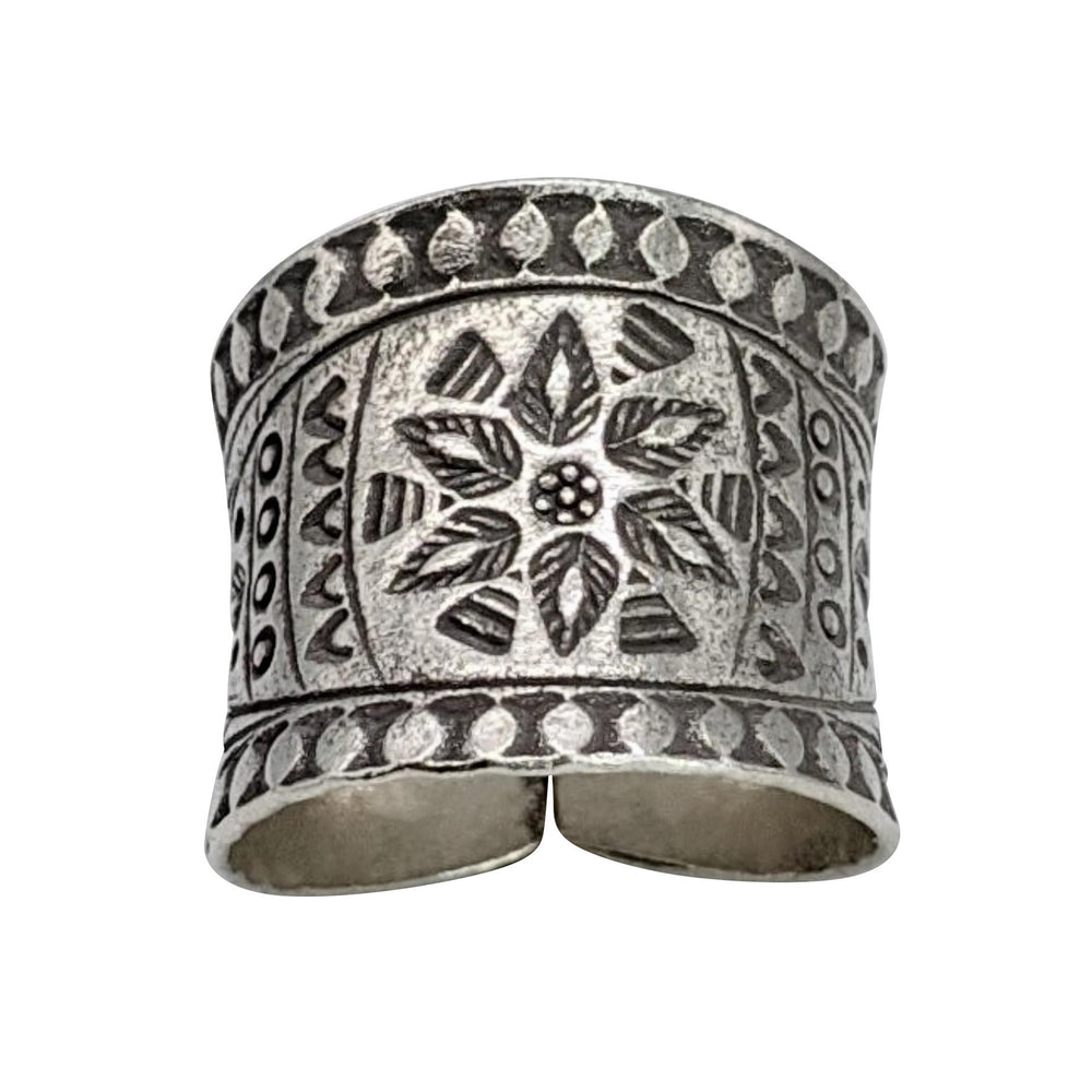 Pure Silver Hill Tribe Wide Band Flower Motif Tribal Adjustable Ring
