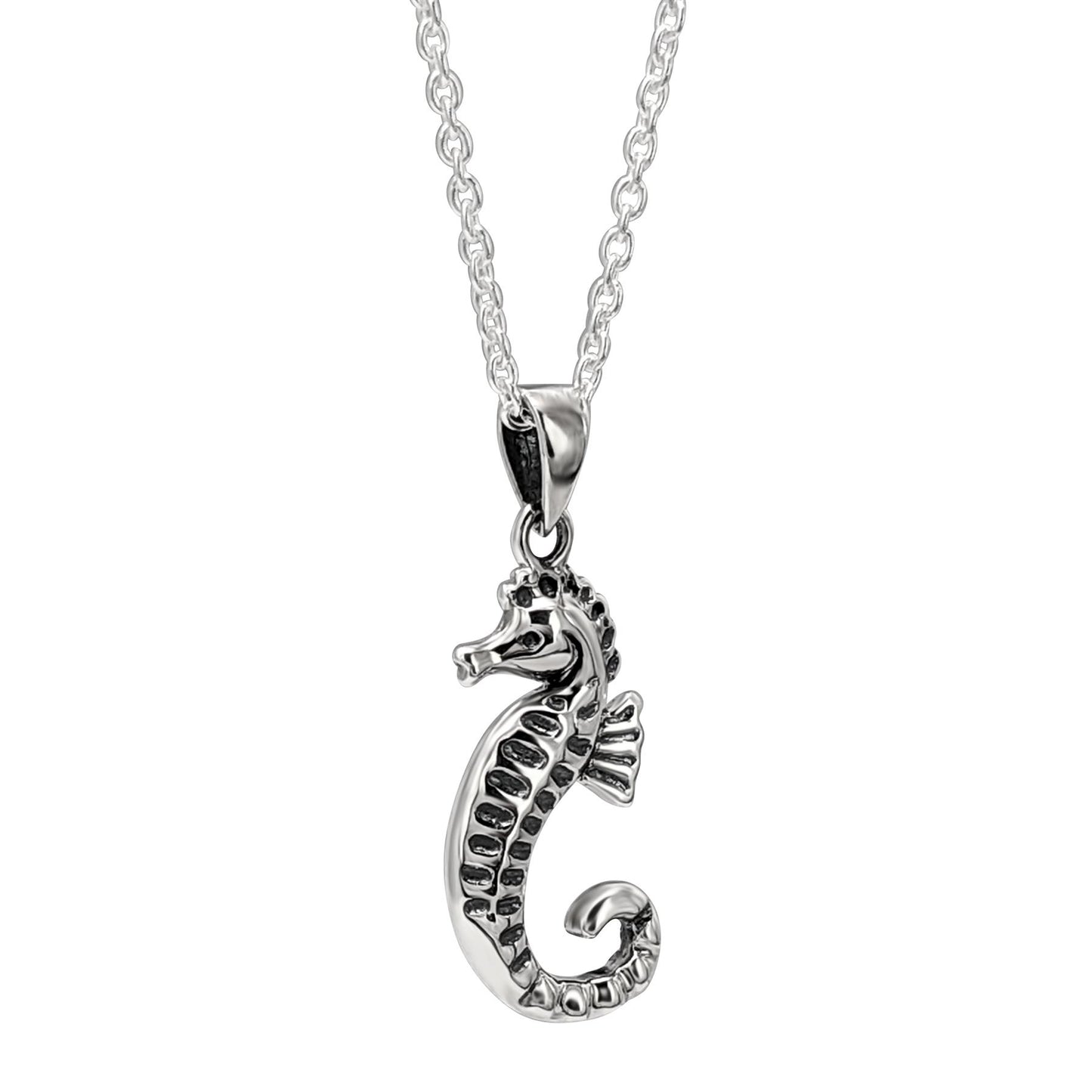 
                  
                    Sterling Silver Detailed Sea Horse Pendant Cable Chain Necklace
                  
                