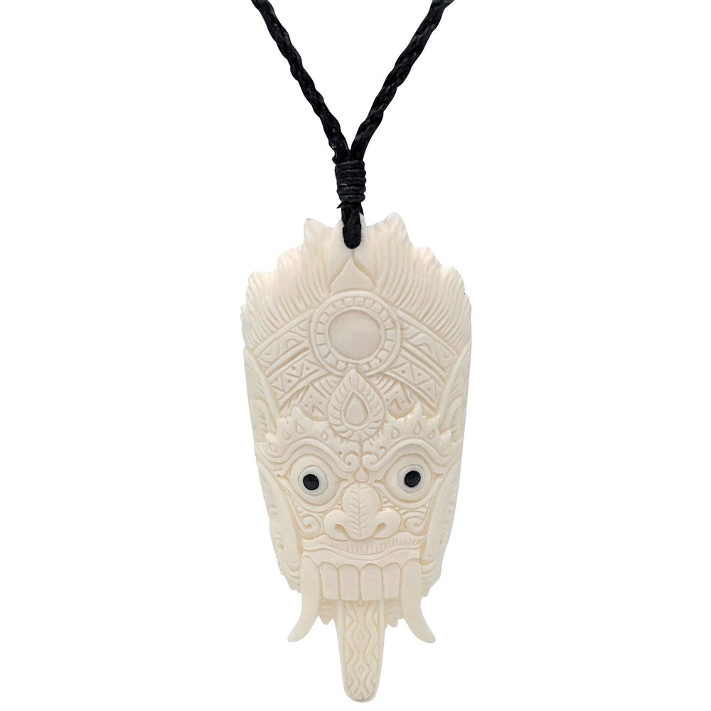 Bone Hand Carved Balinese Barong Mask Keket Pendant Cord Necklace