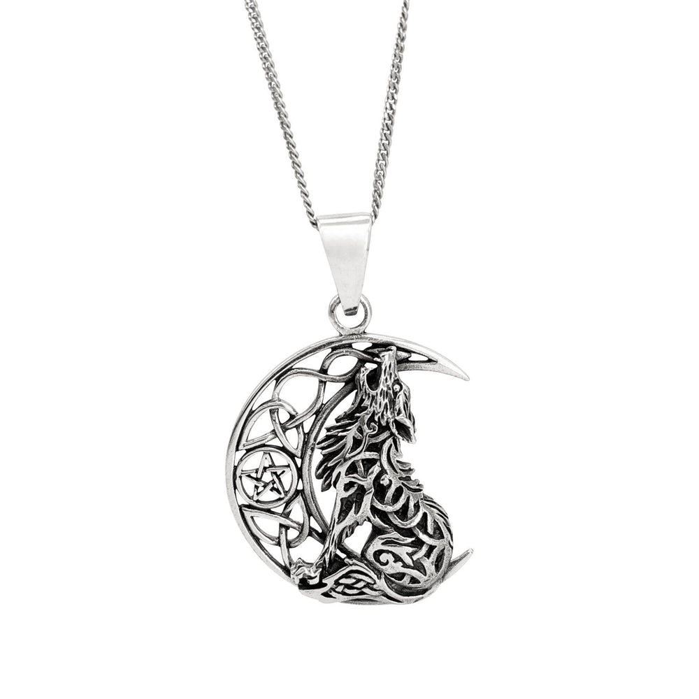 Sterling Silver Moon and Wolf Pendant Necklace Wiccan Celtic Jewellery