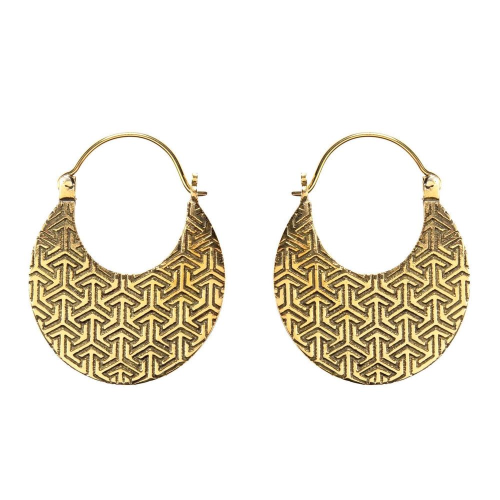 
                  
                    Gold Brass Aztec Style Hoops Engraved Geometric Pattern Disc Earrings
                  
                