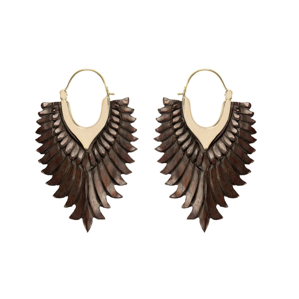 Wood Gold Brass Long Carved Eagle Wing Boho Tribal Unique Earrings