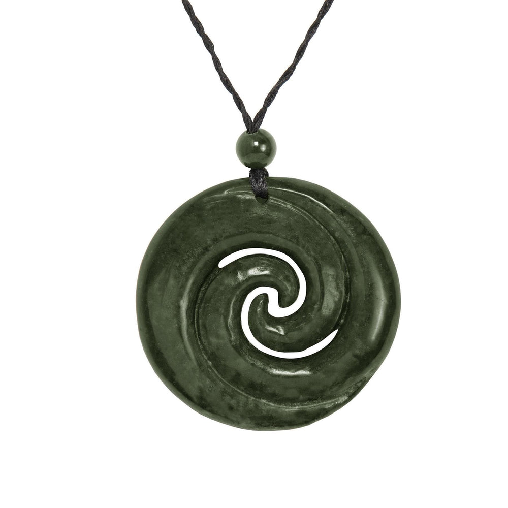Nephrite Jade Large Disc Maori Style Double Koru Pendant Cord Necklace