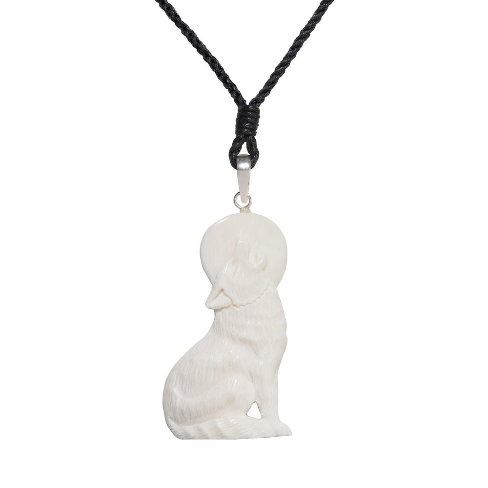 
                  
                    Bone Sterling Silver Carved Wolf Full Moon Pendant Cord Necklace
                  
                