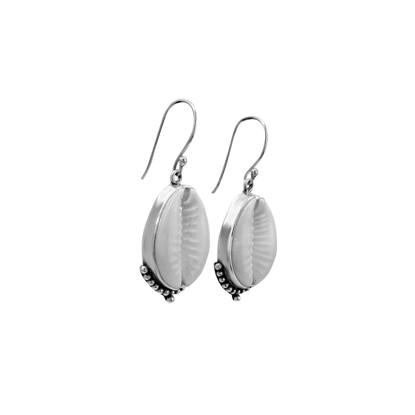 
                  
                    Sterling Silver Cowrie Shell Bali Dot Work Dangle Earrings Beach Style
                  
                