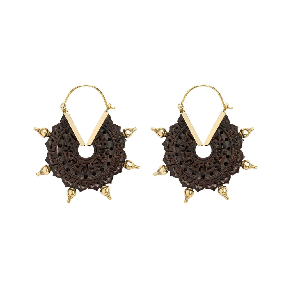 Wood Gold Brass Hindu Mandala C-Shape Sun Disc Statement Boho Earrings